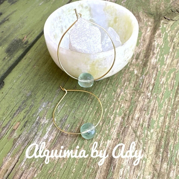 Green fluorite dainty gold hoops minimalist /Hope and positivity - Picture 1 of 11